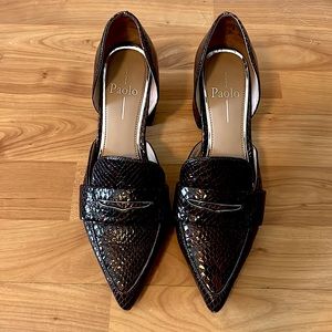 Burgundy block heel penny loafers